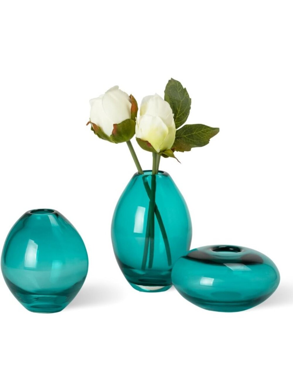 Set of 3 Hand Blown Teal Glass Bud Vases - Turquoise Decor for Home & Weddings